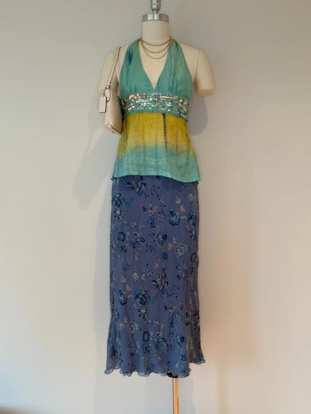 Jonathan Martin Studio Blue Floral Silk Midi Skirt